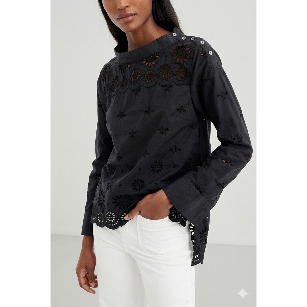 J Crew Whimsigoth Eyelet Festival Poet Top Black Cotton Euro Summer Size‎ 4 or M